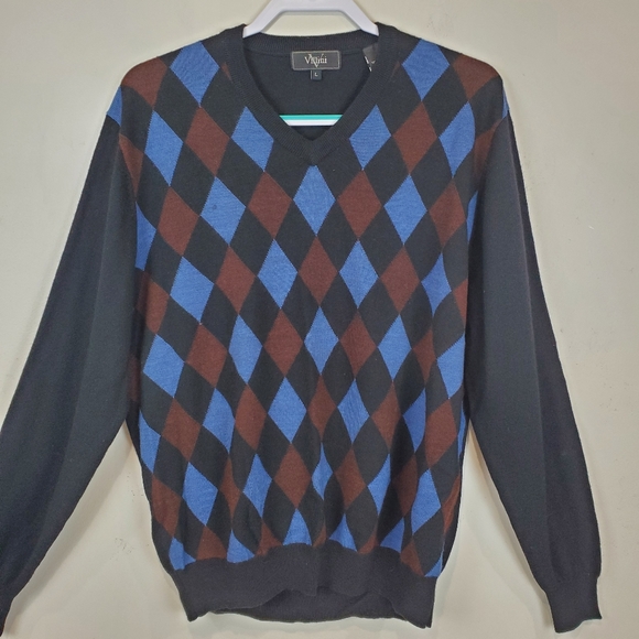 Villini Merino Wool Blend Black Argyle Vneck Sweater Knit L Mens Business Casual - Picture 8 of 8